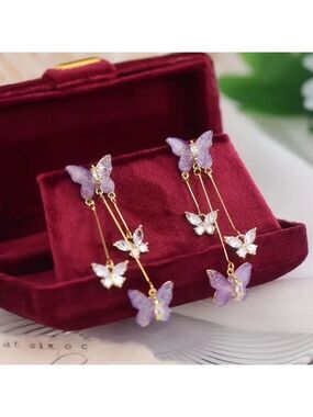 New Purple Crystal Butterfly Drop Earrings